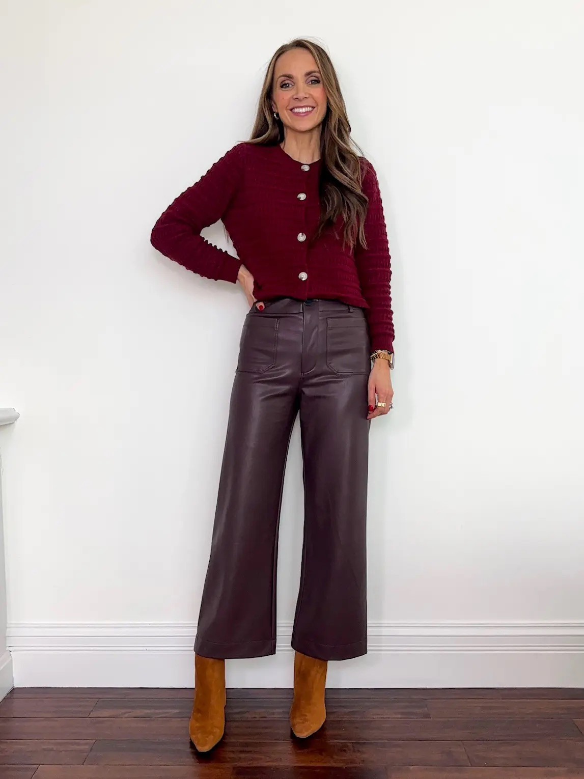 @amazon burgundy cardigan + brown leather coated pants for winter style 

#LTKSeasonal #LTKStyleTip #LTKWorkwear