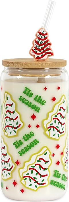 Christmas Gift Glass Cup, Christmas Iced Coffee Tumbler with Festive Holiday Tree Cakes Design, 1... | Amazon (US)