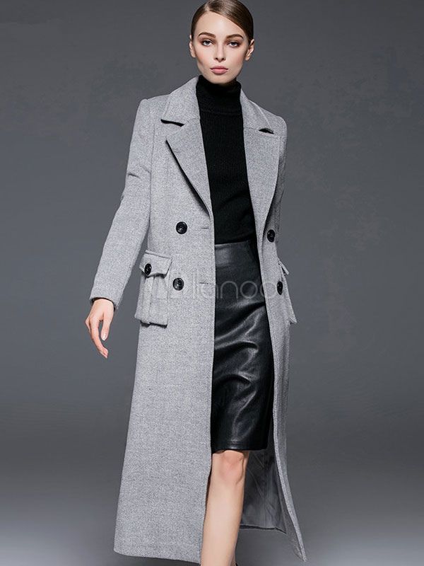 Grey Pea Coat Notch Collar Long Sleeve Women's Wool Coats | Milanoo