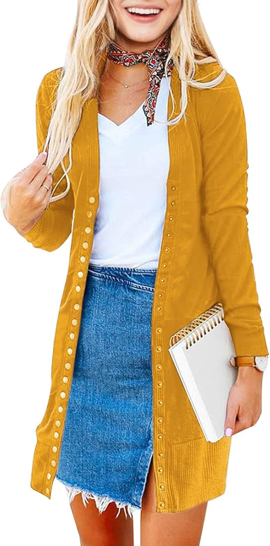 MEROKEETY Women's 2023 Fall Long Sleeve Snap Button Down Solid Color Knit Ribbed Neckline Cardiga... | Amazon (US)