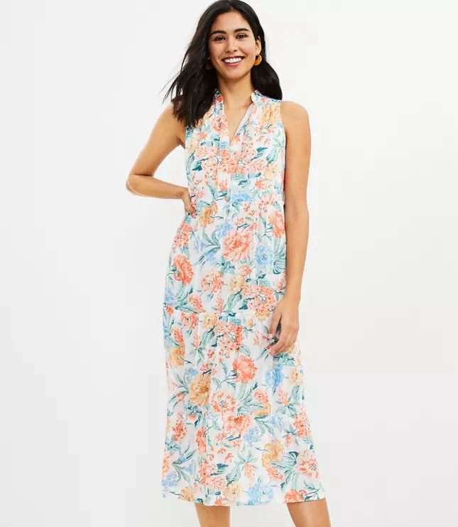 Floral Tiered Tie Neck Midi Dress | LOFT