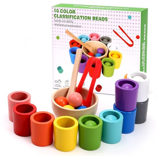 ASFHJP 10 PCS Rainbow Balls in Cups, Mini Wood Classification Cup Game, Rainbow Sorting Balls with Spoon and Tongs, Preschool Learning Educational Montessori Matching Games for 3+ Year Old | Amazon (US)