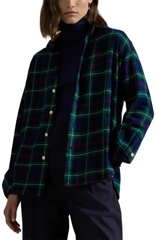 Polo Ralph Lauren Twill Button-Up Top in Green/Red Plaid at Nordstrom, Size Medium | Nordstrom