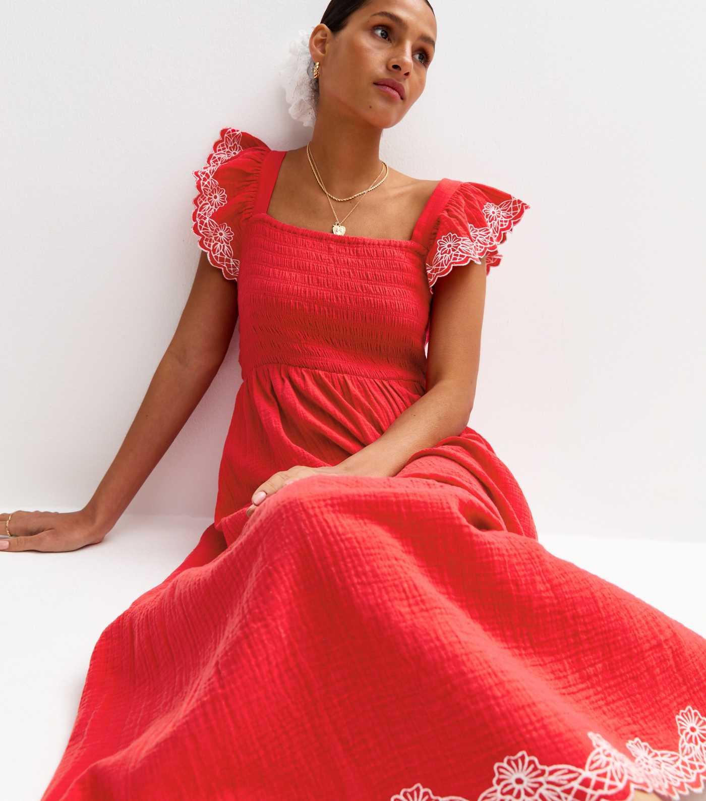 Red Floral Embroidered Sleeve Tiered Midi Dress | New Look | New Look (UK)