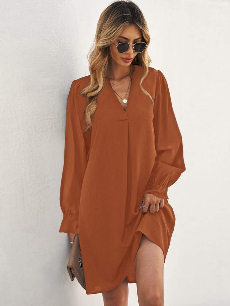 Notched Neck Solid Tunic Dress | SHEIN