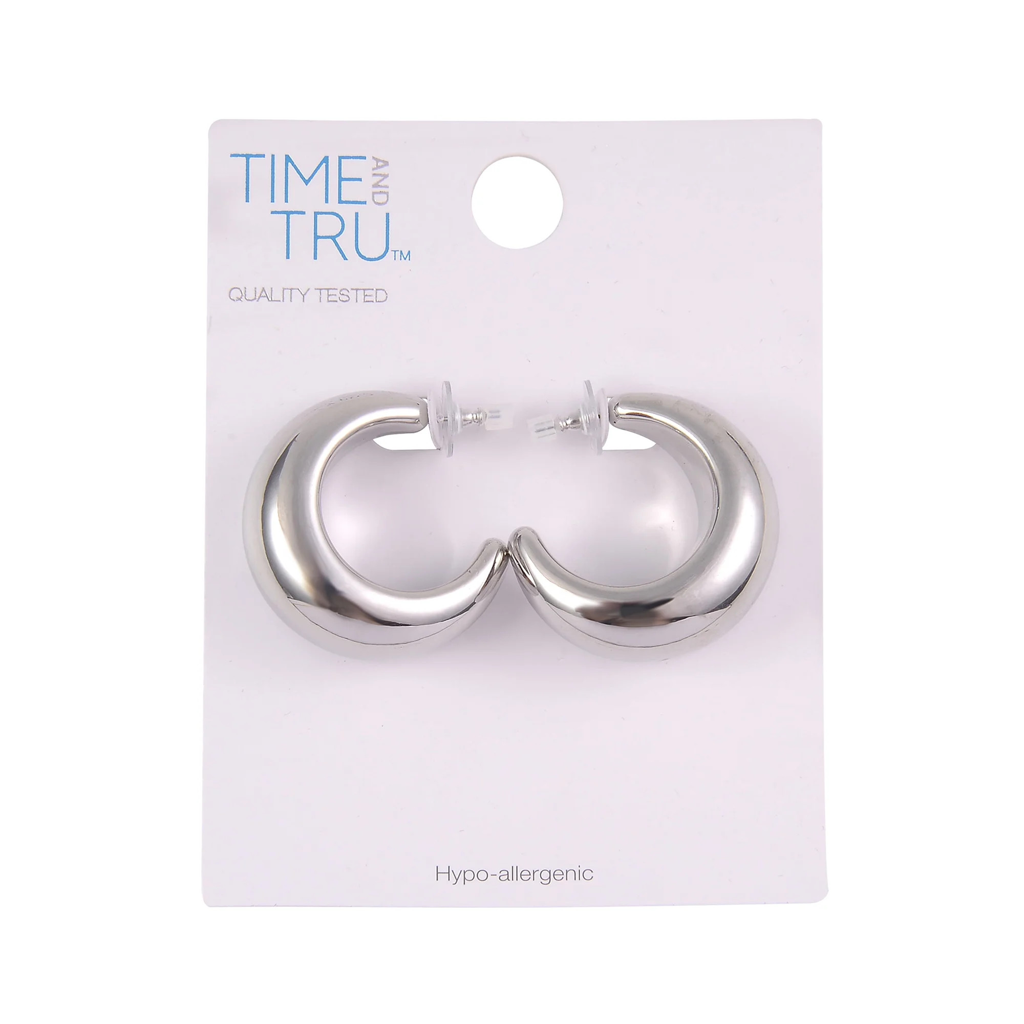 Time and Tru Women's Silver-Tone Metal Wide C-Hoop Earrings | Walmart (US)