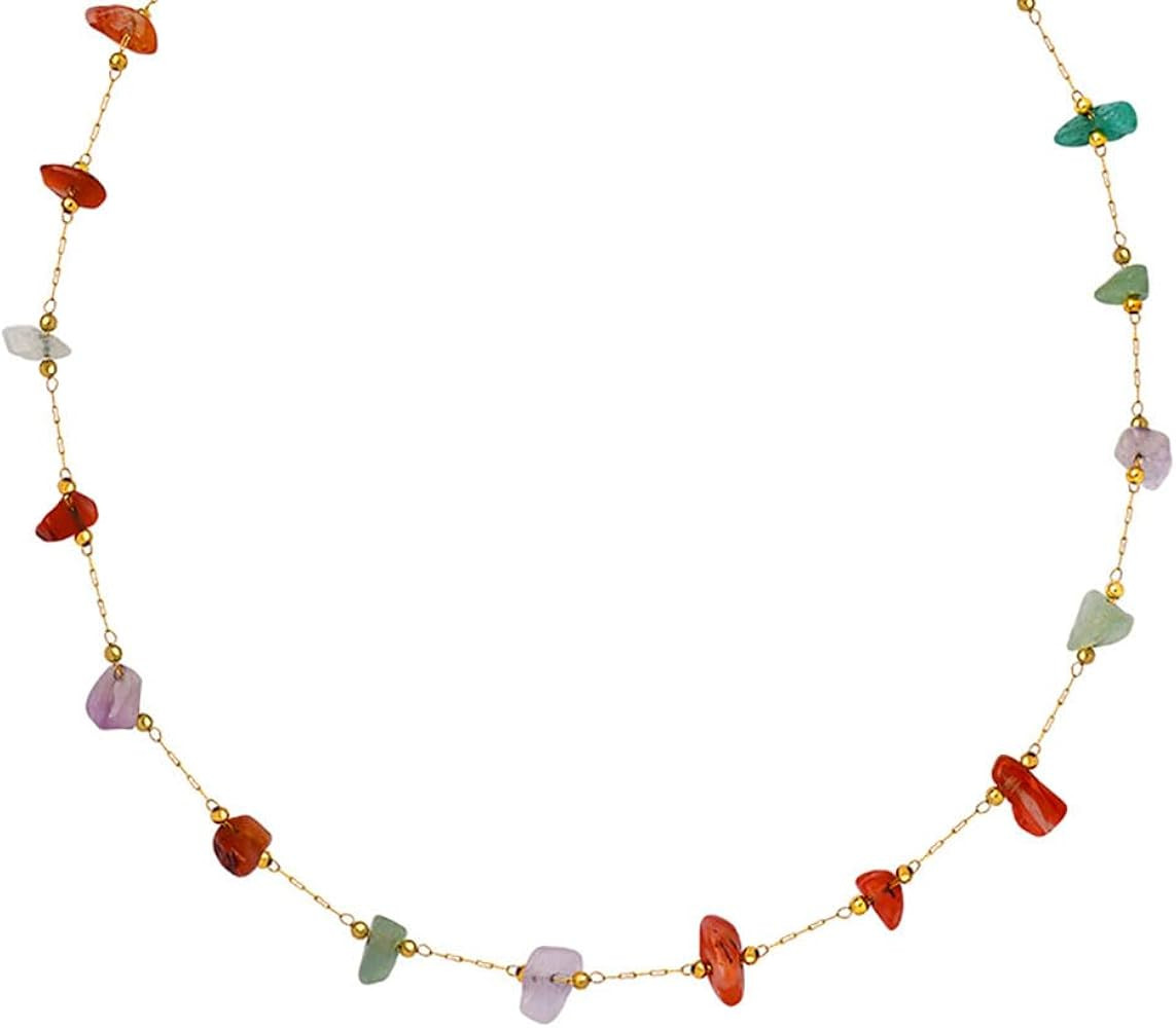 Boho Beaded Choker Gemstone Natural Pearl Necklace for Women 14K Gold Plated Beach Summer Colorfu... | Amazon (US)