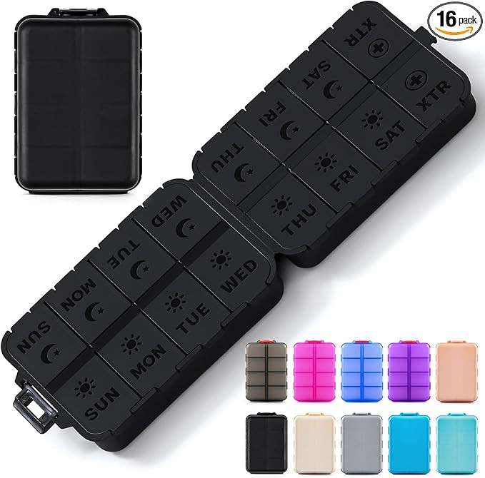 Foldable & Portable Pill Organizer 2 Times A Day with Extra Compartments - Etched Labels - Weekly... | Amazon (US)