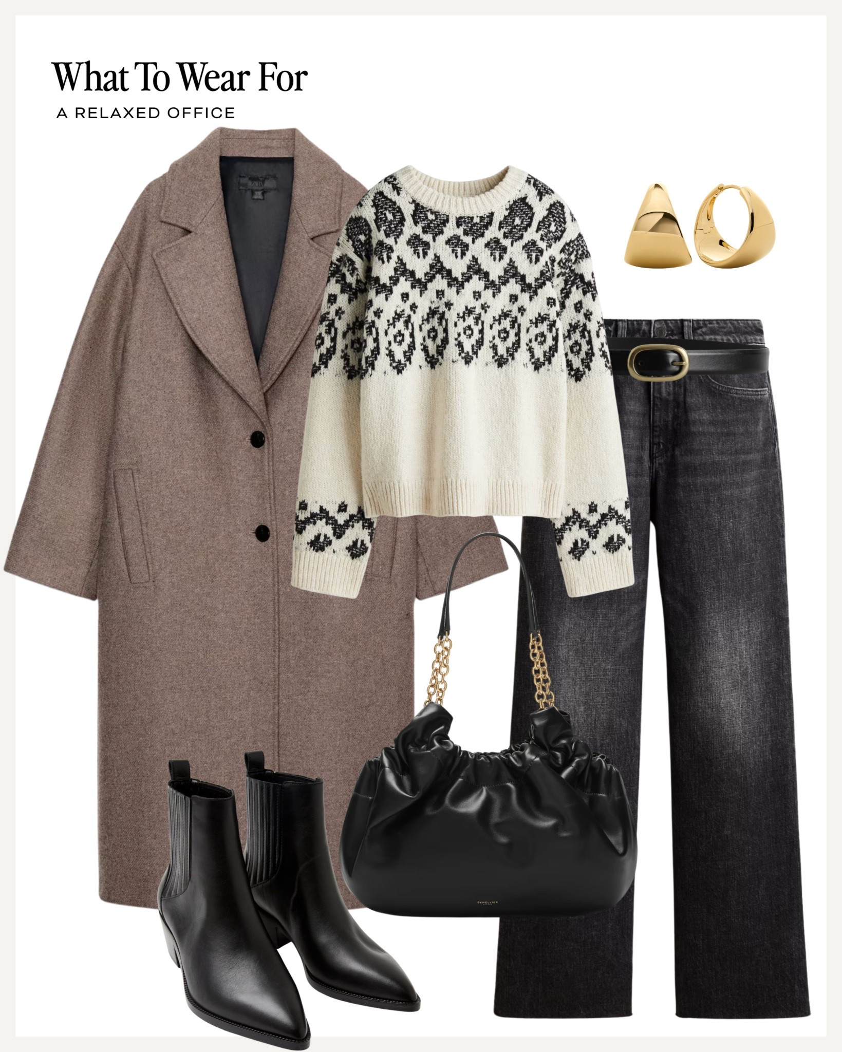 A relaxed office 💻 

Wool coat / fair isle knit / ankle boots / demellier bag / autumn winter 

#LTKuk #LTKwinter #LTKworkwear