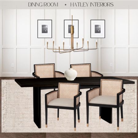 today’s dupe in a mood board! 

dining room mood board, black dining table, extendable dining table, cane dining chair, cane armchair, jute rug, brass chandelier 

#LTKhome