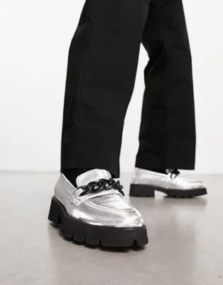 ASOS DESIGN chunky loafers in silver faux leather with chain detail | ASOS (Global)