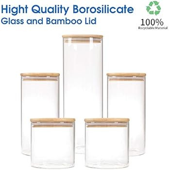 Glass Storage Jars [Set of 5] ,Clear Glass Food Storage Containers with Airtight Bamboo Lid Stack... | Amazon (US)
