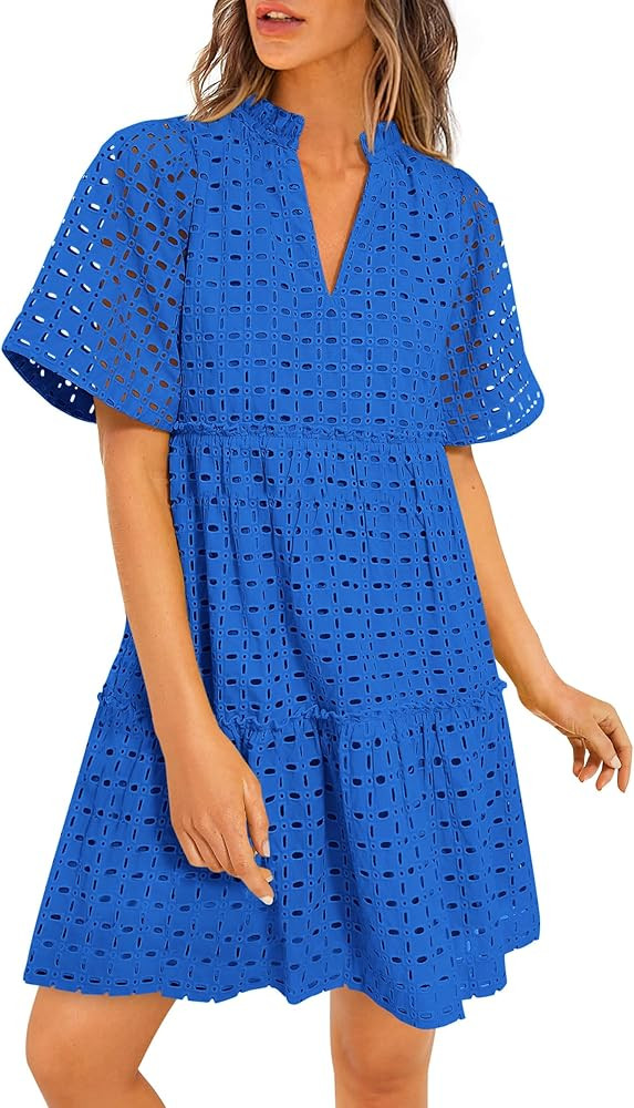 PRETTYGARDEN Women's Short Sleeve Mini Dress 2025 Summer V Neck Hollow Out Eyelet Ruffle A Line S... | Amazon (US)