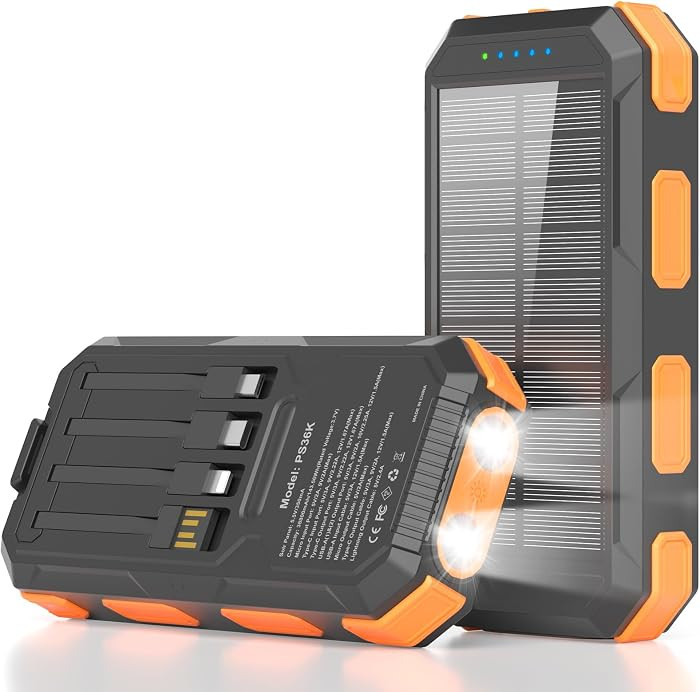 Solar Charger Power Bank 38800mAh, 22.5W USB-C Fast Charging Portable Charger with 4 Built-in Cab... | Amazon (US)