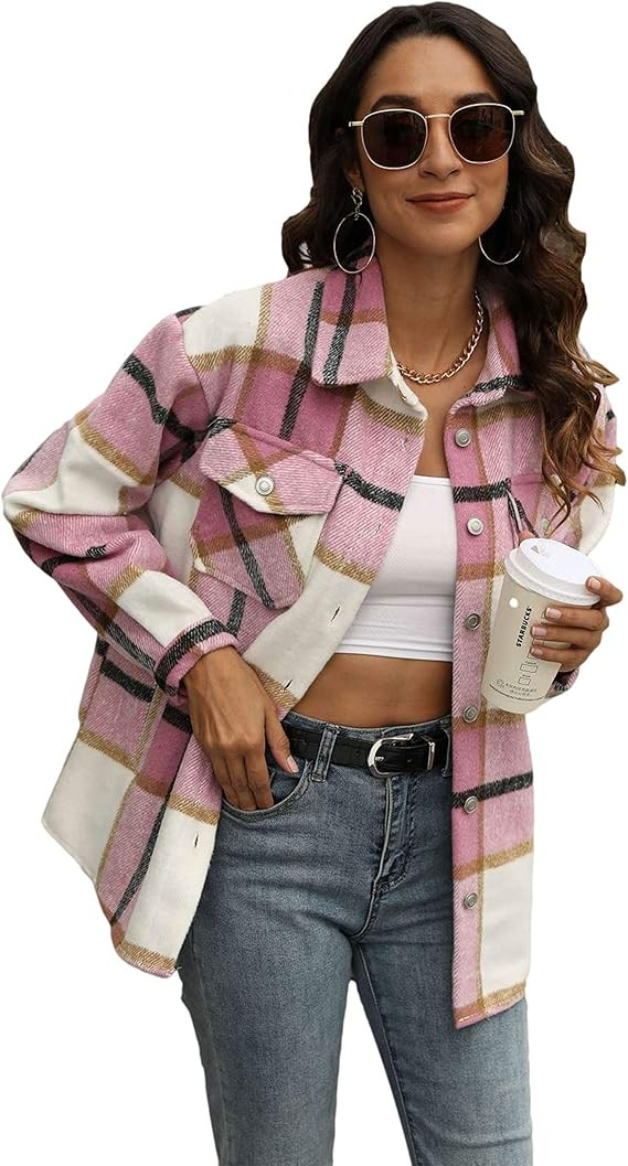 Qiaomai Womens Plaid Wool Blend Long Sleeve Lapel Button Short Pocketed Shacket Coat | Amazon (US)