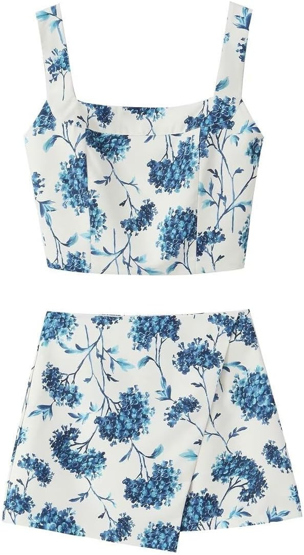 THLAI Women Two Piece Skirt Sets Floral Crop Top and Mini Skirt Sets Summer 2025 Vacation Outfits... | Amazon (US)