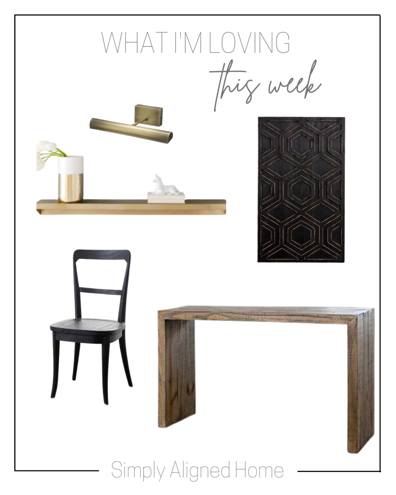 —battery operated LED picture light 14” Antique Brass—floating metal wall shelves—console table—black Martin dining chair—distressed black geometric hexagon wall plaque

#LTKhome #LTKstyletip #LTKfamily