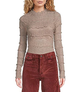 Free People Angelina Semi Sheer Textured Mock Neck Long Sleeve Bodysuit - L | Dillard's