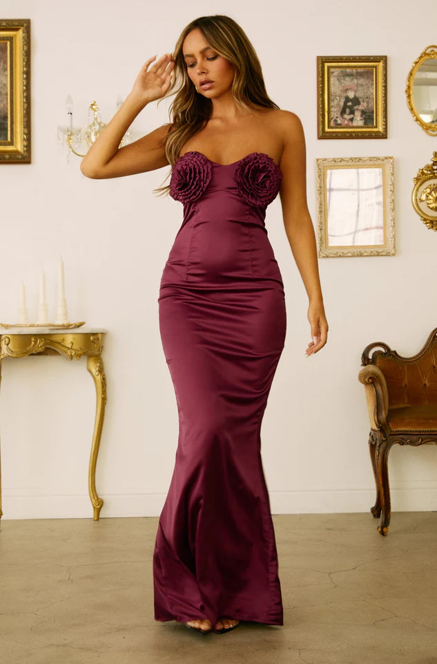 Miss Lola | Elegant Affair Burgundy Strapless Satin Maxi Dress | MISS LOLA