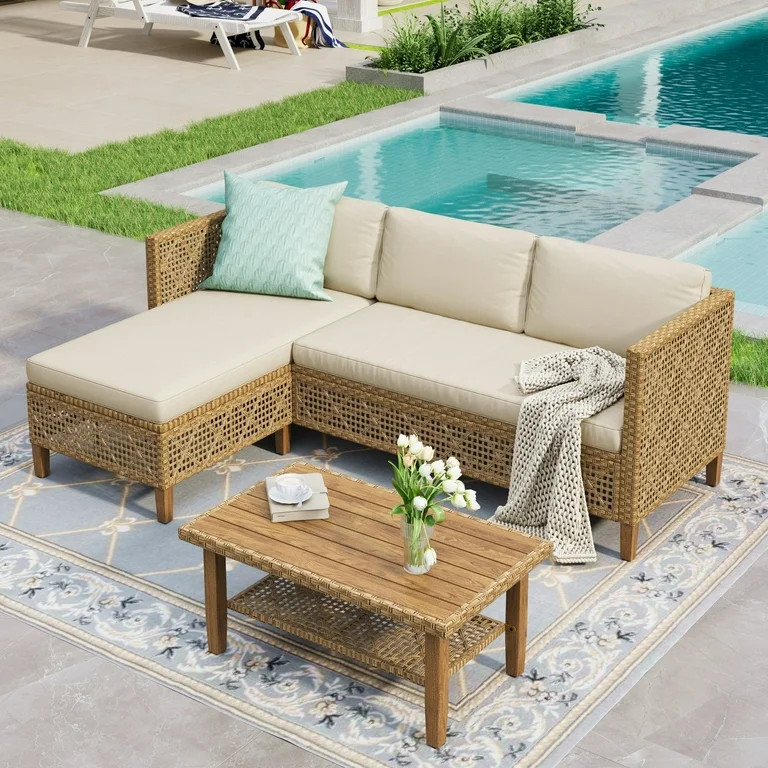 Alpha Joy 3 Pieces Wicker Patio Furniture Conversation Set Boho Style Outdoor Sofa with Wood Coff... | Walmart (US)