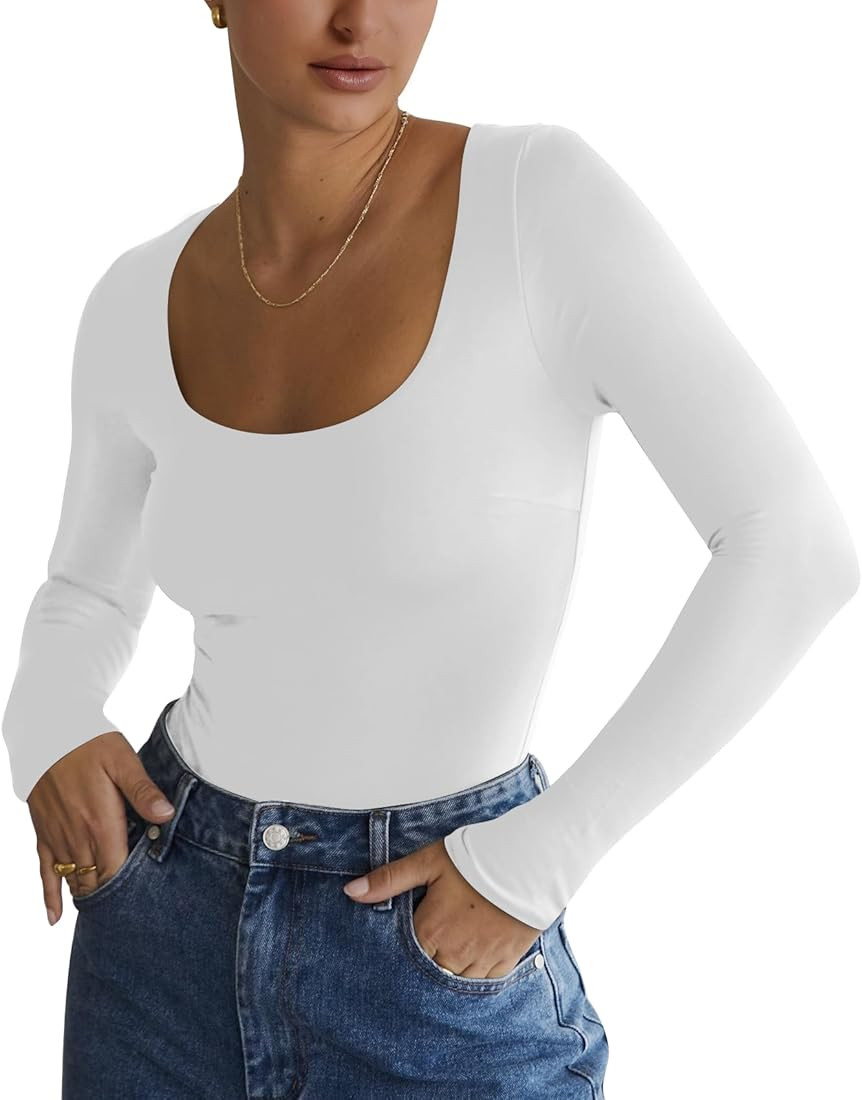 UEU Women’s Tank Thong Bodysuit Sleeveless V Neck Double Layer Leotard Top for Going Out | Amazon (US)