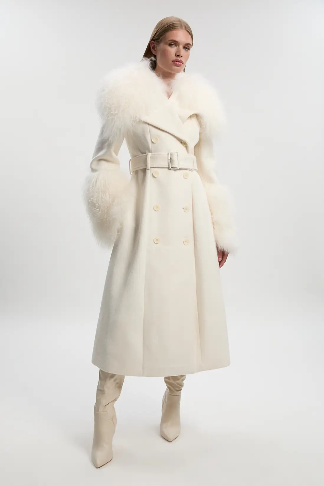 Jackets & Coats | Brushed Wool & Shearling Tailored Double Breasted Belted Midi Coat | KarenMille... | Karen Millen US