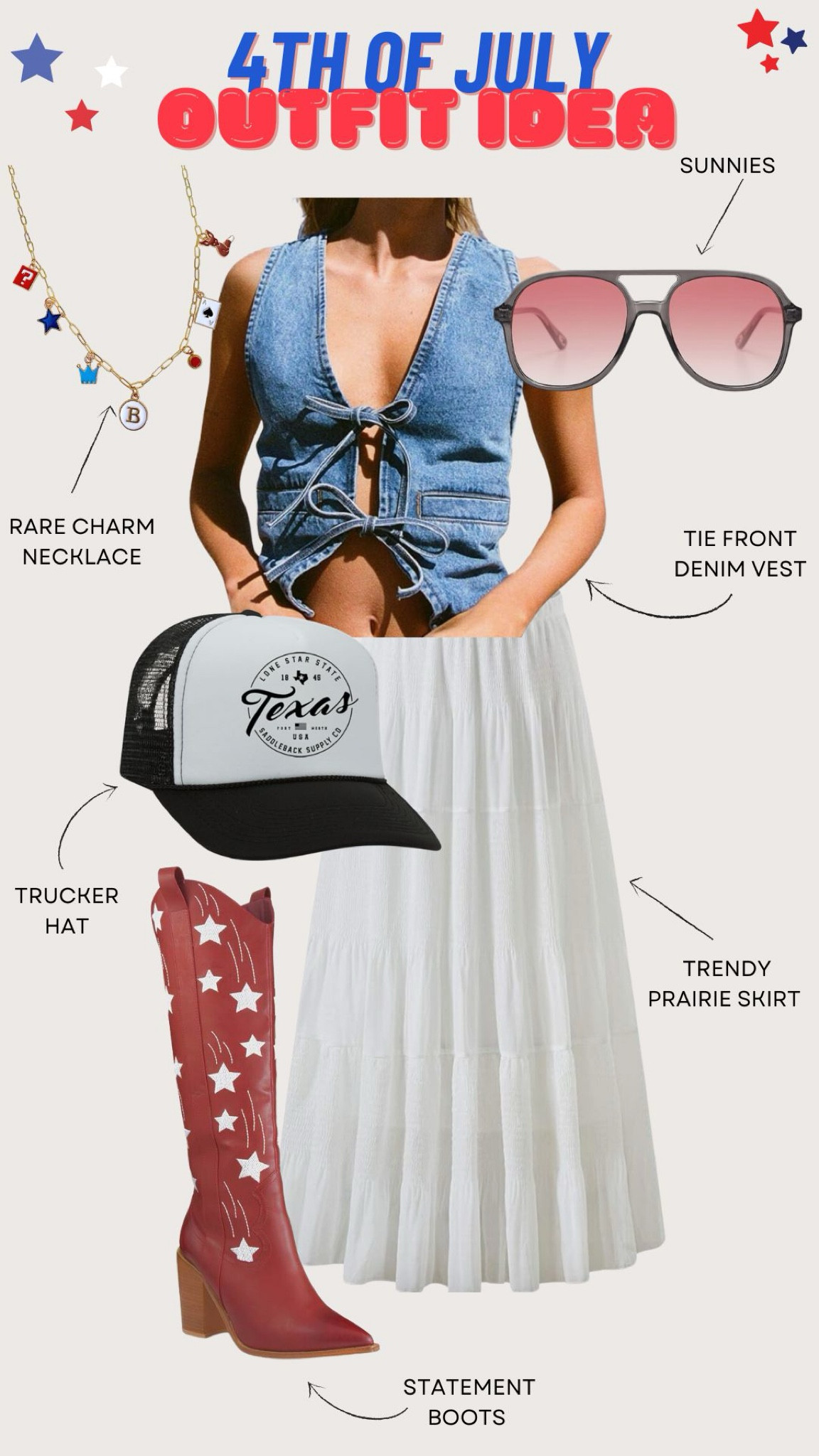 This rare find charm necklace and these star studded statement cowboy boots are the perfect addition to any Fourth of July outfit. But paired with a trendy prairie skirt and tie front denim vest, you’ll be ready for whatever the celebration calls for! 

#LTKSeasonal #LTKStyleTip #LTKParties
