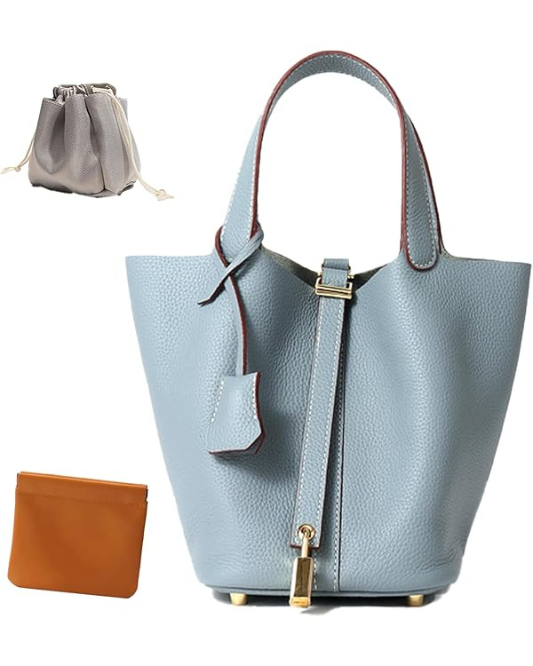 Genuine Leather Lock Design Bucket Bag Vegetable Basket, Fashionable and Versatile Shoulder Handb... | Amazon (US)