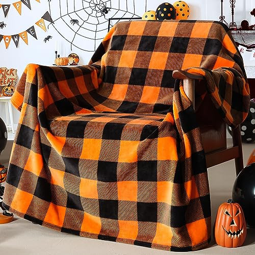 Touchat Halloween Blanket, Fleece Throw Blankets, Orange and Black Plaid | Amazon (US)
