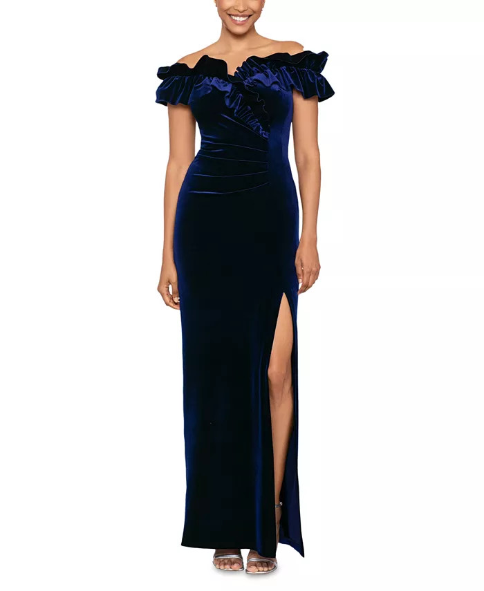 Women's Ruffled Off-The-Shoulder Velvet Gown | Macy's