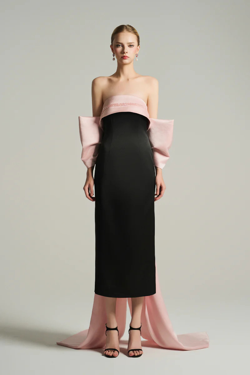 BUSTIER MIDI DRESS IN BLACK AND LIGHT PINK | I.H.F Studio | CULT MIA | CULT MIA UK LTD