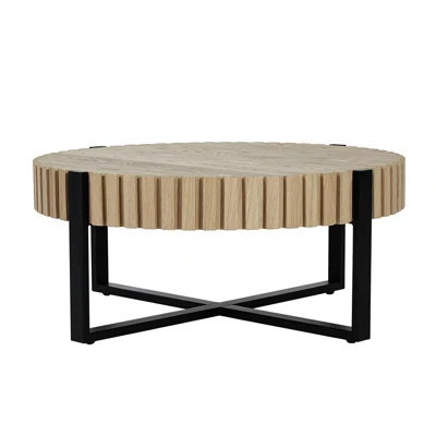 Round Coffee Table, Handcraft Drum Coffee Table with Gear Design & Cross Metal Base, Wood Grain MDF Top, 31.5" Modern Compact Coffee Table for Living | Wayfair North America