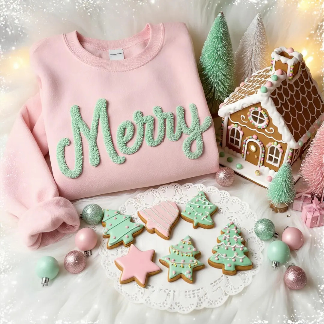 BELLA CANVAS 3901 | Embroidered Yarn Pink & Sage Green MERRY Christmas Sweatshirt | Custom Chenil... | Etsy (US)