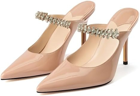 MIRAAZZURRA Women Heeled Mules Rhinestone Strappy Pointed Toe Mules Stiletto High Heels Slip On B... | Amazon (US)