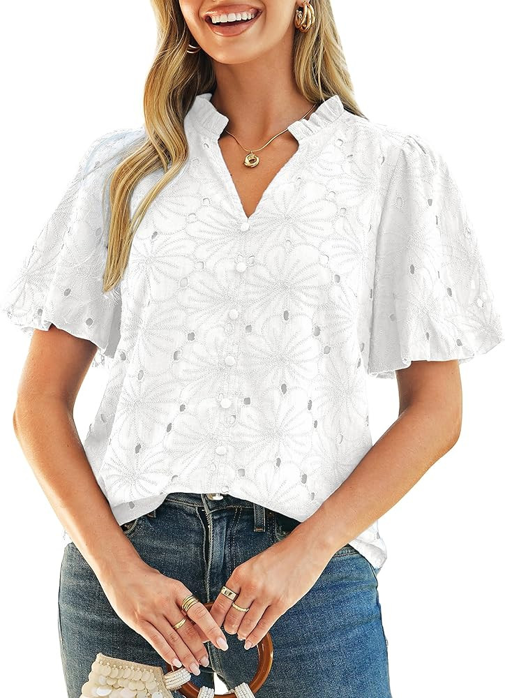 Simplee Womens Summer Tops Trendy Dressy Casual V Neck Puff Sleeve Eyelet Hollow Out Embroidered ... | Amazon (US)