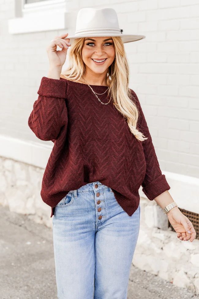 Candid Feelings Burgundy Boat Neck Textured Sweater | Pink Lily