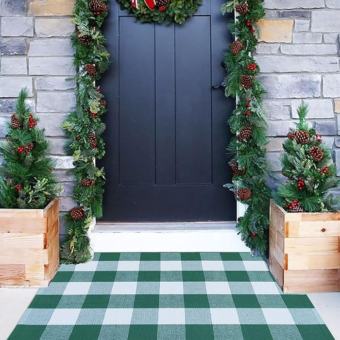 Green & White Plaid Rug, 2'4" x 3'7" Check Indoor/Outdoor Area Rug, Hello/Welcome Door Mat Layeri... | Amazon (US)