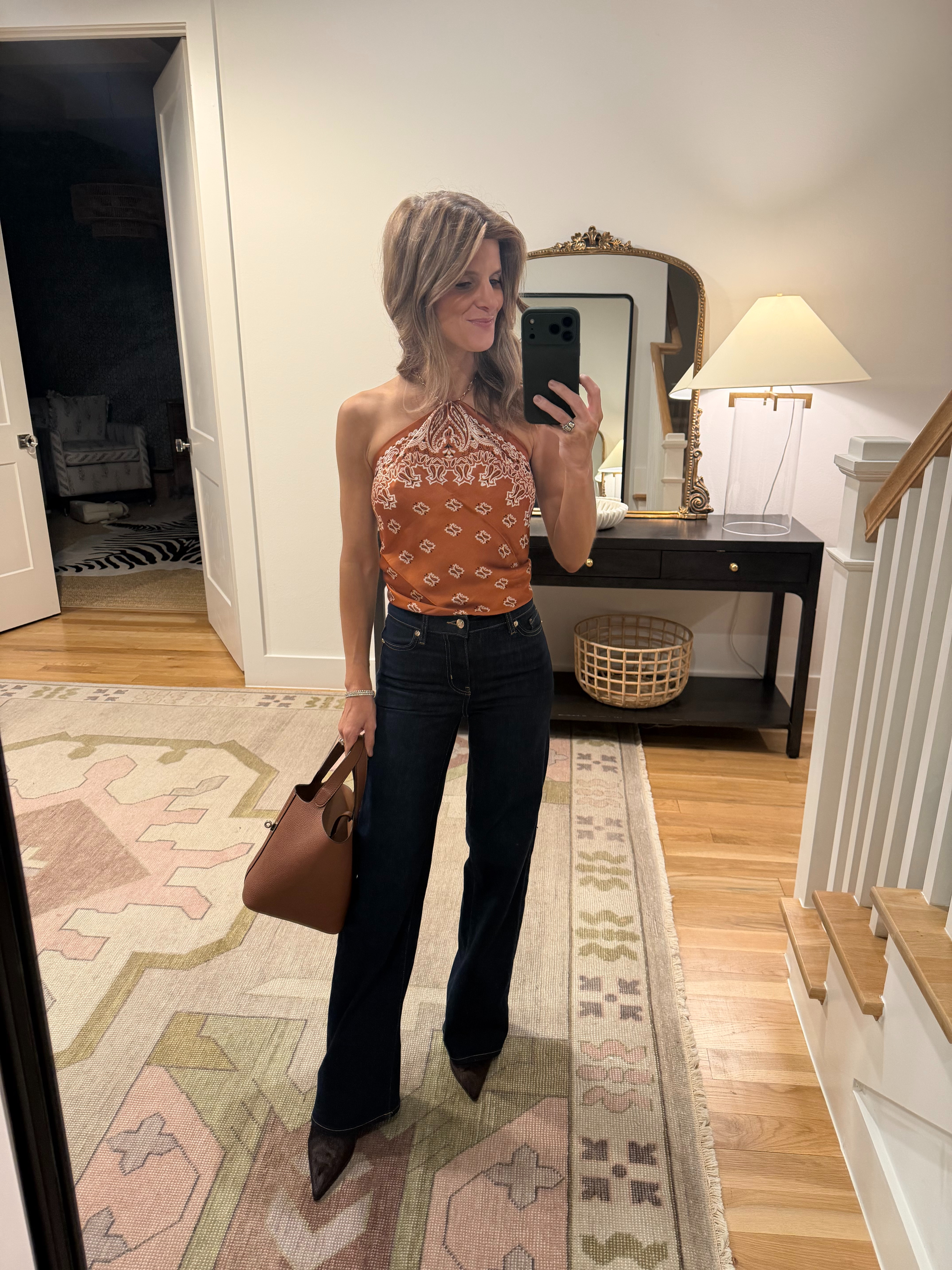 burnt orange scarf tied as a top - texas longhorns outfit inspo 

 