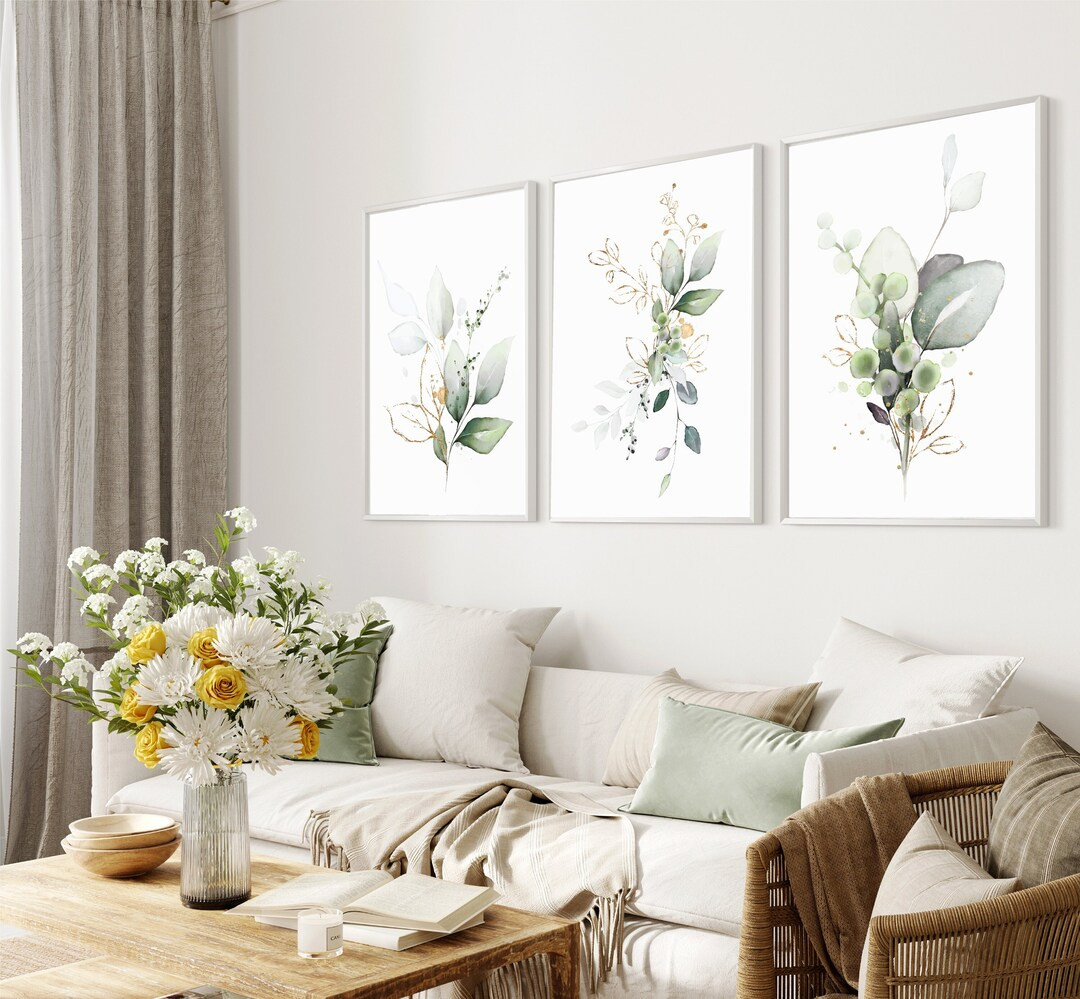 Botanical Prints,set of 3 Green and Gold,set of 3 Prints,botanical Wall Art,bedroom Wall Art,livi... | Etsy (US)