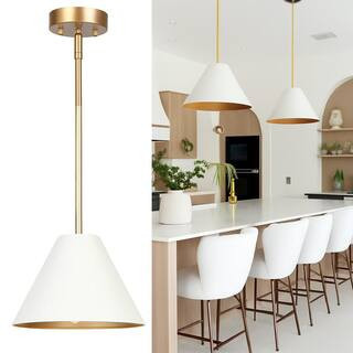 Mid-century Modern 1-Light Gold Pendant Lamp with White Cone Shade, Hanging Ceiling Light, Kitchen Island Pendant Light | The Home Depot