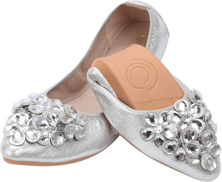 KUNWFNIX Women Ballet Flats Rhinestone Wedding Ballerina Shoes Foldable Sparkly Comfort Slip on F... | Amazon (US)