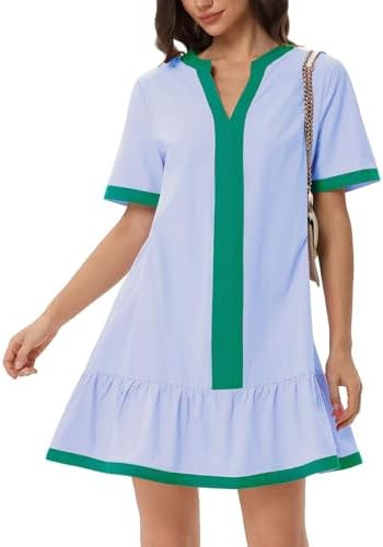 EZAPINE Women Summer Mini Dress 2026 Short Sleeve Drop Waist Mini Dress Cute V Neck Colorblock Sh... | Amazon (US)
