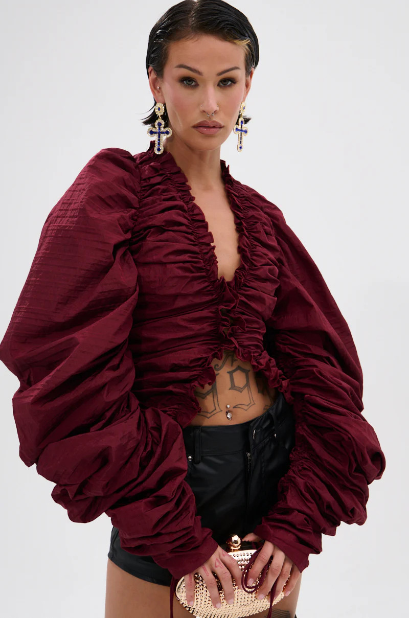 IN IT TO WIN IT RUCHED BLOUSE IN BURGUNDY | AKIRA