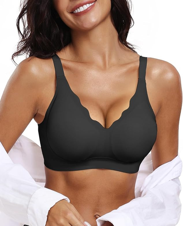 OEAK Womens Comfortable Wireless Bras Push Up Seamless Bralettes Soft V Neck Brassiere Scalloped ... | Amazon (US)
