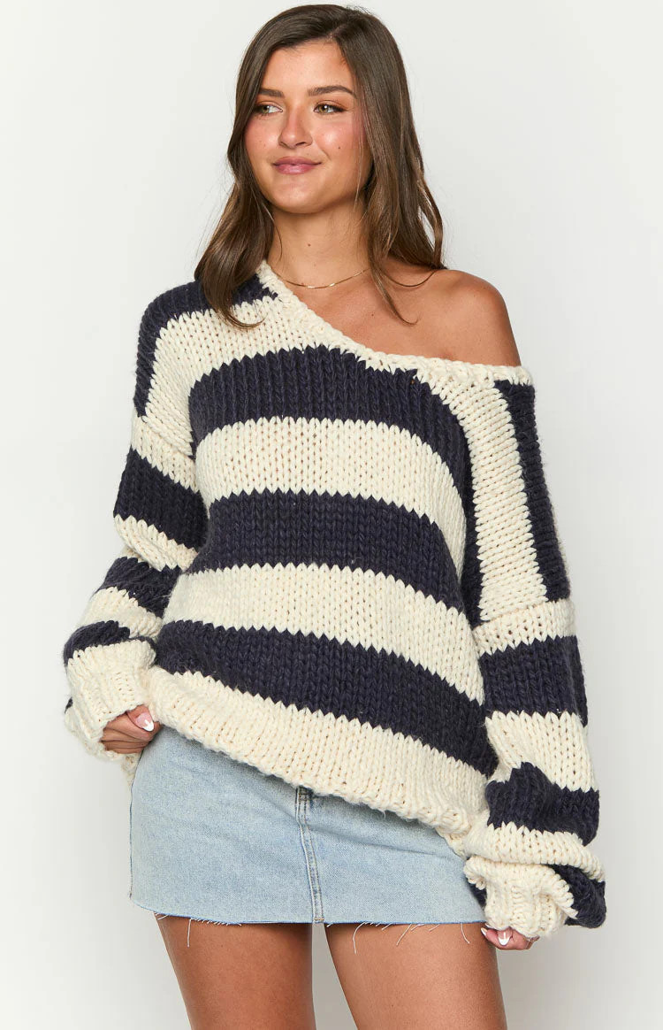 Delvey Navy Striped Chunky Knit Sweater | Beginning Boutique (US)