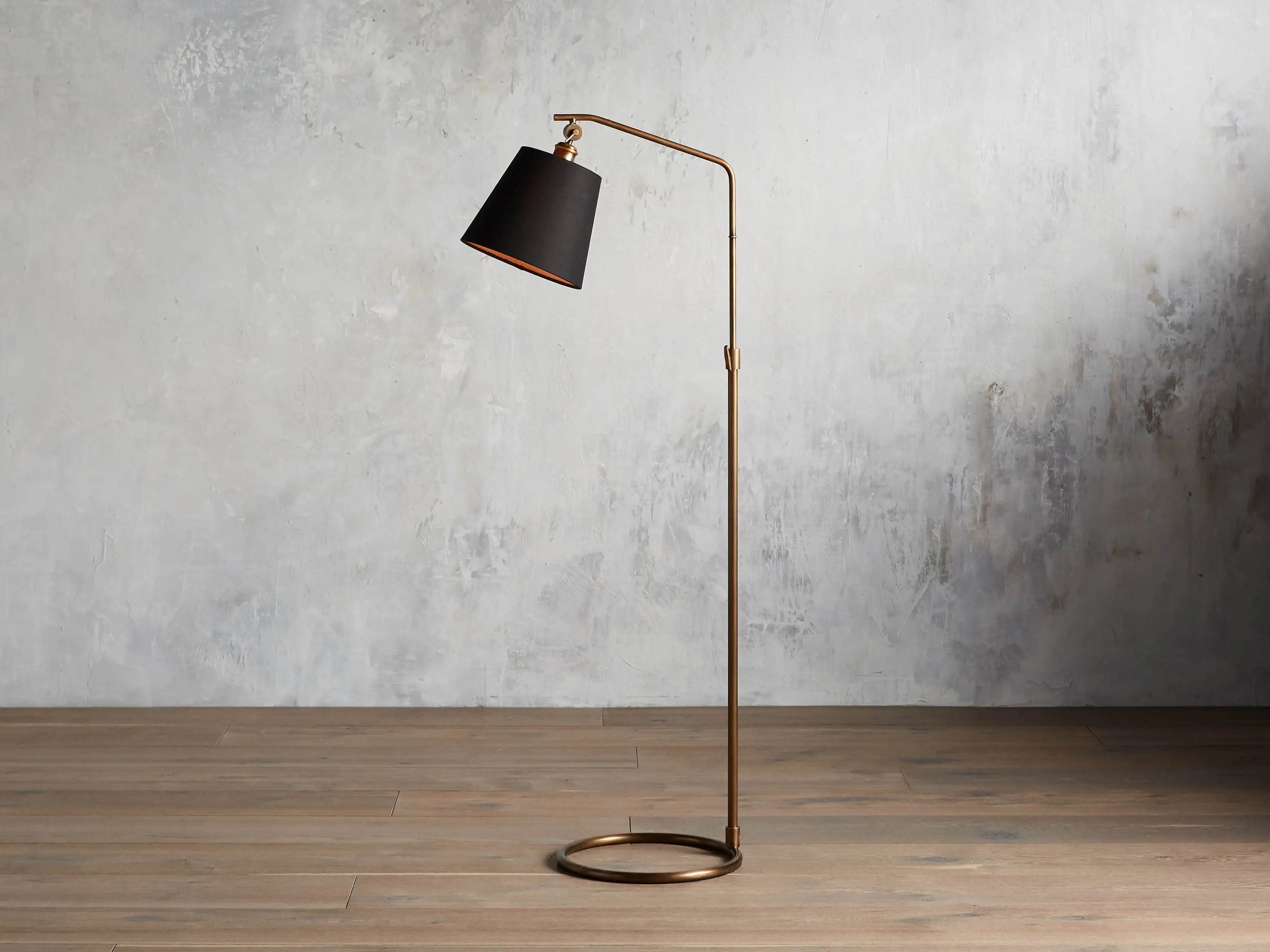 Kellen Floor Lamp With Black Shade in Antiqued Brass | Arhaus