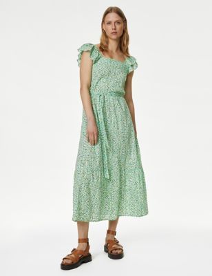 Pure Cotton Printed Square Neck Midi Dress | Marks & Spencer (UK)