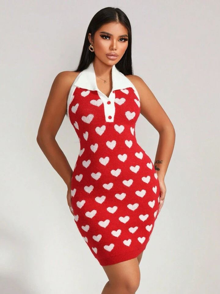 SHEIN Foxxy Women's Sweater Dress Valentine's Day Red Romantic Heart-Shaped Love Date Dress Cupid... | SHEIN