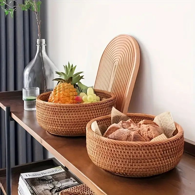 Rattan Fruit Basket Circular Woven Bread Basket Decorative - Temu | Temu Affiliate Program