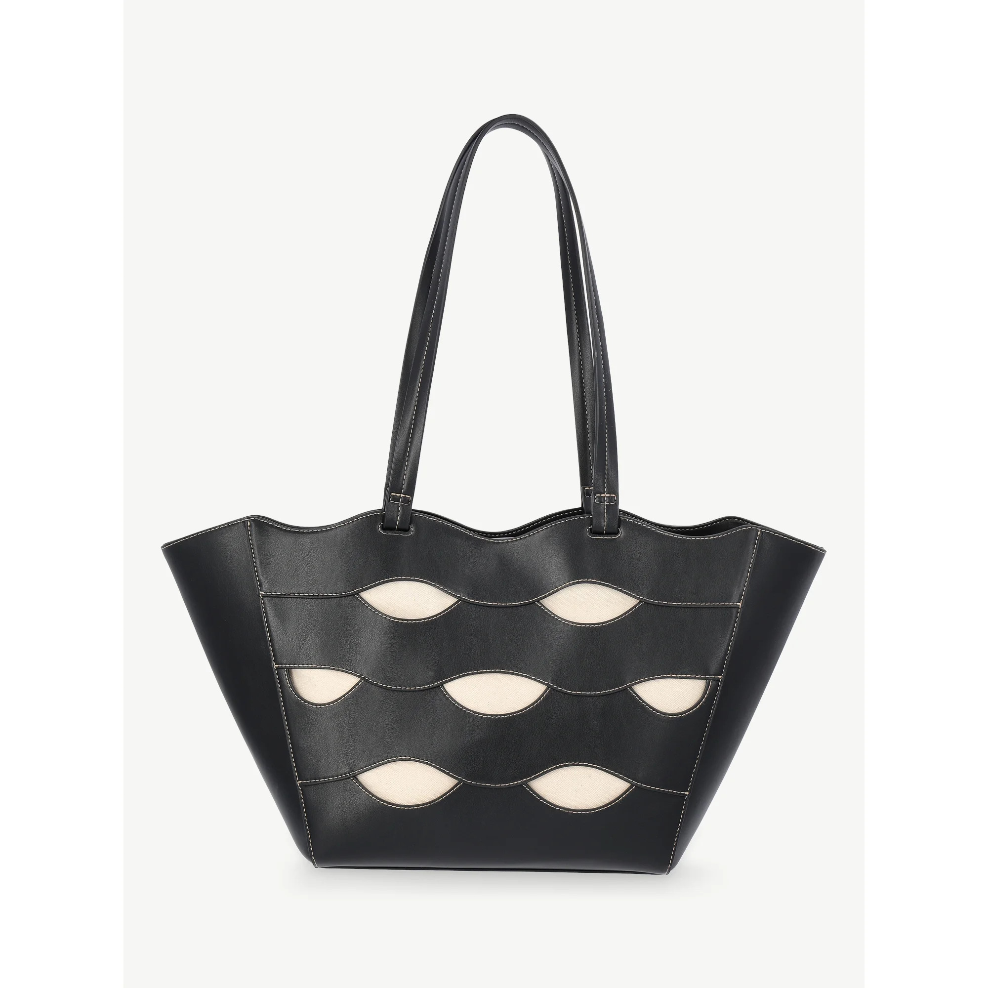 Free Assembly Women's Allegra Faux Leather Cut Out Tote Handbag, Black/Cream | Walmart (US)
